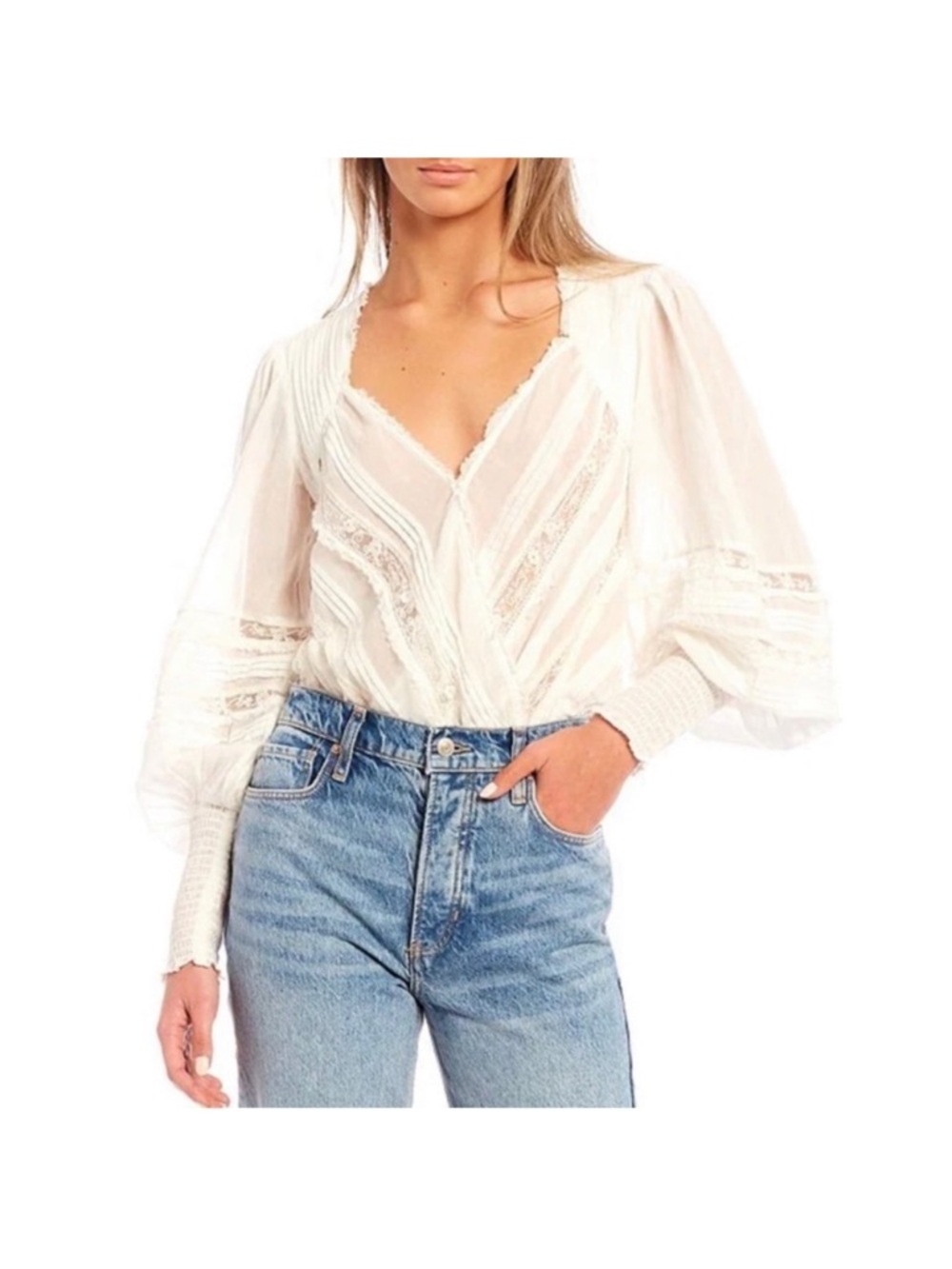 Free People Ivory Lace-Trim V-Neck Blouse
